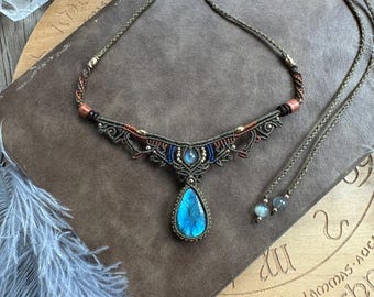 Collar de macramé hecho a mano con labradorita, collar bohemio, collar de cristal, collar de piedra curativa, collar de chakras, joyería mística, N1007