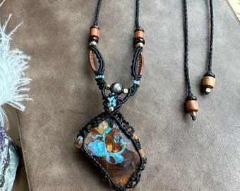 N773 - Macrame necklace with boulder opal rough ,  Bohemian jewelry, handmade jewelry, Goddess jewelry, healing jewelry