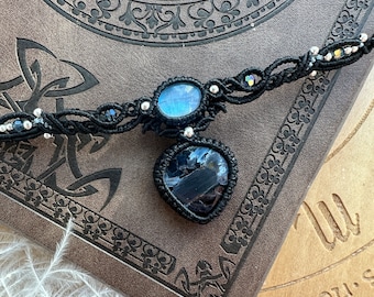 N925 - Macrame necklace with moonstone and pietersite, Bohemian jewelry, handmade jewelry, Goddess jewelry, healing jewelry