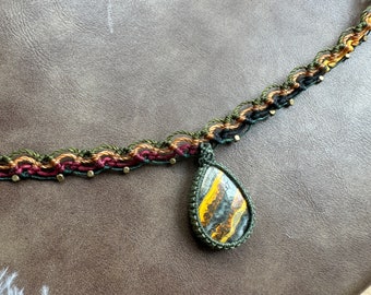 N837 - Macrame choker with bumble bee jasper, Bohemian jewelry, handmade jewelry, Goddess jewelry, healing jewelry