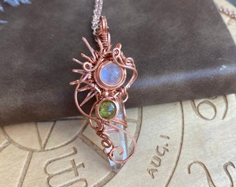 WW226 - Moonstone, tourmaline and clear quartz point Pendant In Copper , wire wrapped pendant