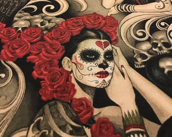 Fabric Cut off Remnant Alexander Henry Day of the Dead Red Glitter