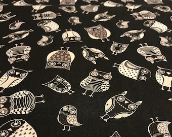 Fabric, Espresso Bean Owls, Brown Black & White, 100% Cotton Fabric