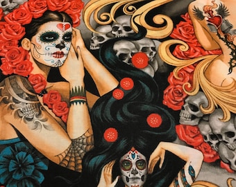 Fabric, Las Elegantes (Bright), Alexander Henry, DE LEON Design Group, 100% Cotton Fabric, Halloween, Dia De Los Muertos