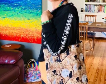 Moon Dance Shoulder Bag: Cat & Lunar Cycle Cotton Canvas Tote