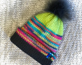 Peachy Keen flips to Dark Grey, Removable Faux Fur Pom Pom, Yarn Bomb, Slouchy, Reversible, Rave Beanie, Skull Cap, Brim Beanie, Colorful,
