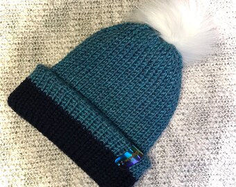 Ocean Blue flips to Navy Blue, Removable Faux Fur Pom Pom, Yarn Bomb, Cozy, Reversible, Ski, Snowboard, Skull Cap, Brim Beanie, Hand Knit