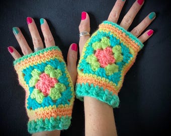 Handmade Crochet Granny Square Fingerless Gloves: Arm Warmers