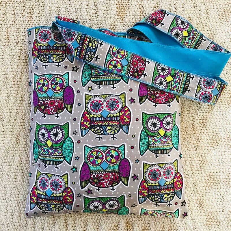 Shoulder Bag, Reversible Bag, The Cosmic Owl, Teal Canvas, Long Shoulder Straps, Double pockets, Sus