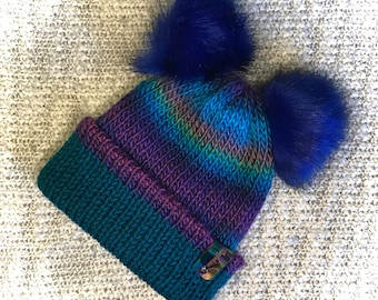 Reversible Beanie, Winter Hat, Colorful Beanie, Knit Hat, Removable Blue Faux Fur Ears, Mouse Ear Beanie, Rave Beanie, Unique Hat, EDM Style