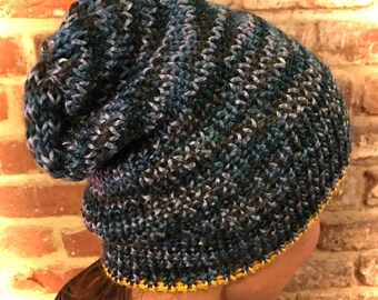 Slouchy Beanie, Reversible, Blue Moon flips to Yellow, Winter Hat, Skull Cap, Unique Beanie, Y2K Style, Ski Hat, Snowboard Hat