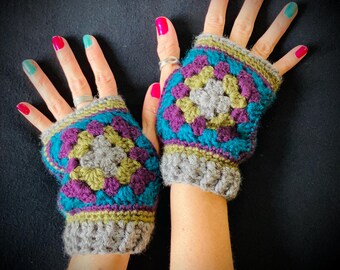 Handmade Crochet Granny Square Fingerless Gloves: Colorful Arm Warmers