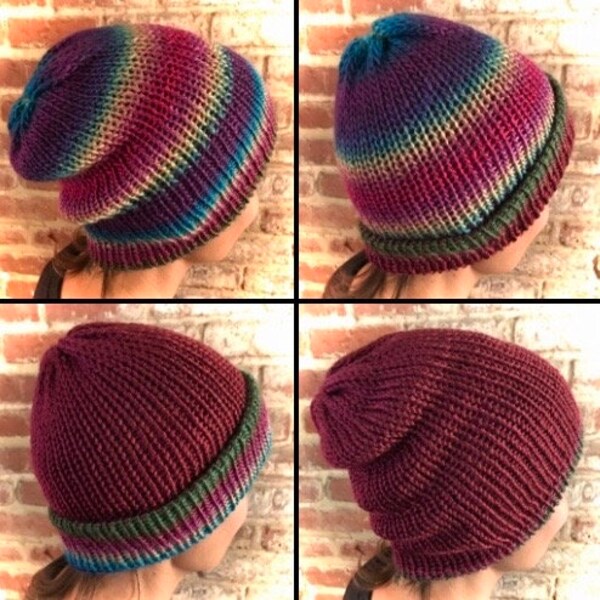 Reversible, Burgundy flips to Mountain Mist, Slouchy Beanie, Grunge, Yarn Bomb, 90s, Skater Beanie, Skull Cap, Brim Beanie, Winter Hat, Y2K