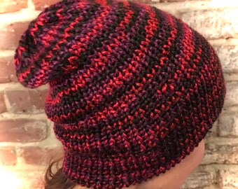 Slouchy Beanie, Reversible, Cherry Bomb flips to Purple, Winter Hat, Knit Beanie, Rave Beanie, Skull Cap, Y2K Style