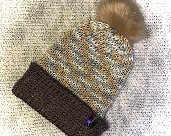 Mithril flips to Brown, Removable Faux Fur Pom Pom, Yarn Bomb, Slouchy Hat, Reversible, Winter Hat, Skull Cap, Brim Beanie, Winter Beanie