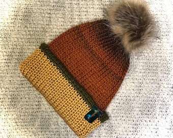 Woodland flips to Yellow , Removable Faux Fur Pom Pom, Yarn Bomb, Slouchy, Reversible, Warm, Skull Cap, Brim Beanie, Grunge, 90s, Y2K, Rave