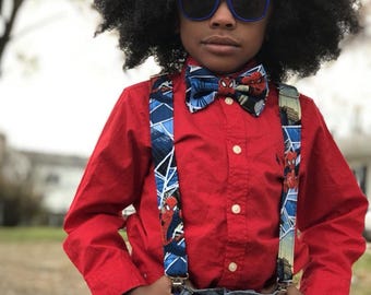 Kids and Adults Superhero Spider Suspenders/ Bow Tie Set! Kids Superhero Suspenders.