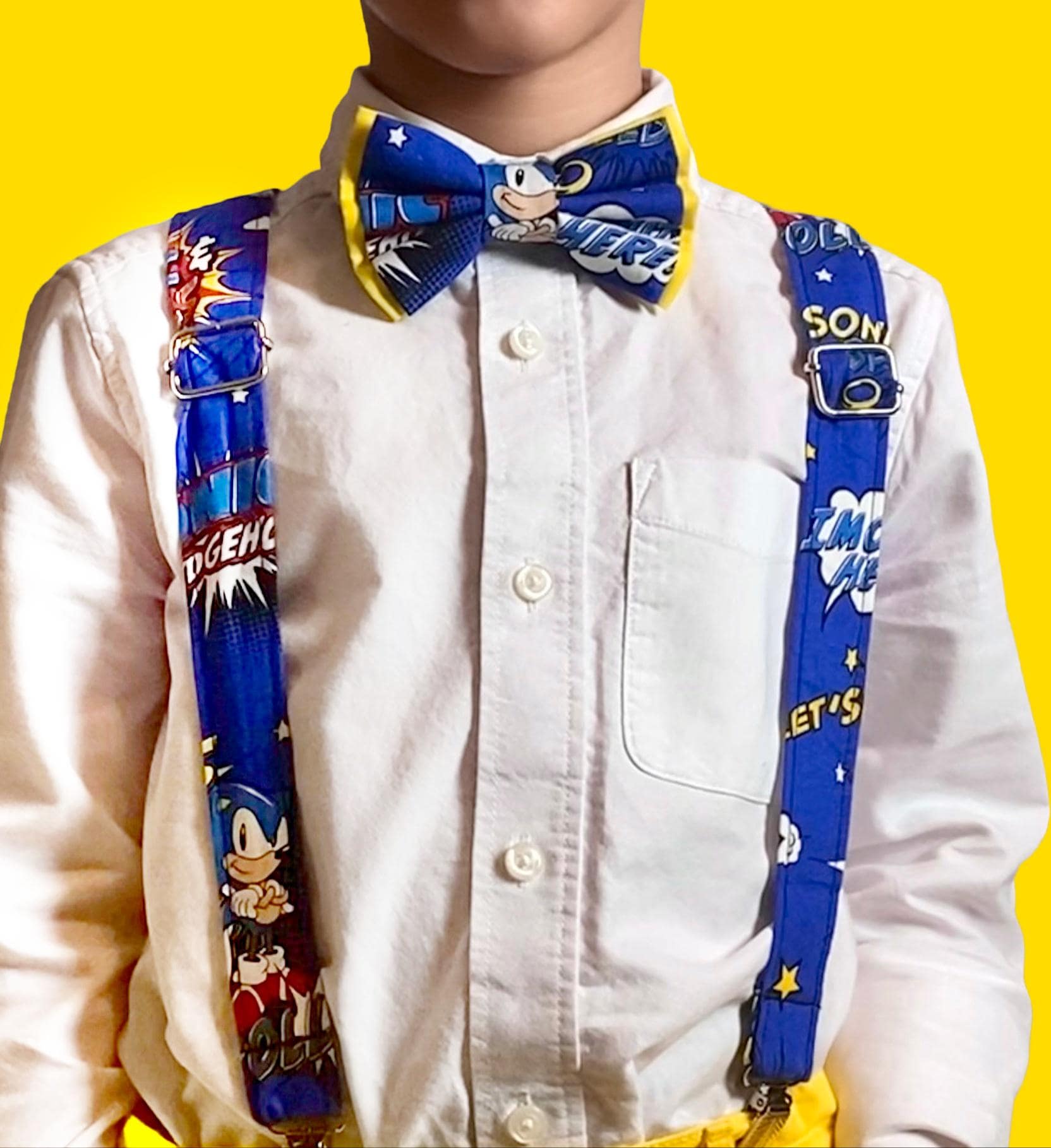 Sonic Boom Official Fabric for Suspenders Set, Infant to Adult, Formal Dance Party, Self Tie Bow Tie, Celebration Outfit, Family Photo Idea