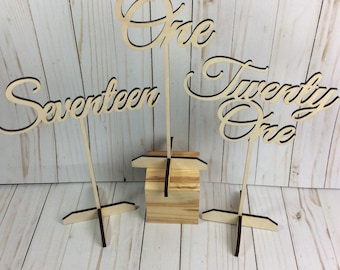 Cursive wooden wedding table numbers /wooden table numbers / table numbers w base / event table numbers / freestanding table numbers