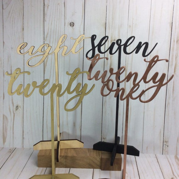 Freestanding wooden wedding table numbers /wooden script table numbers / wooden table numbers w base / event table numbers