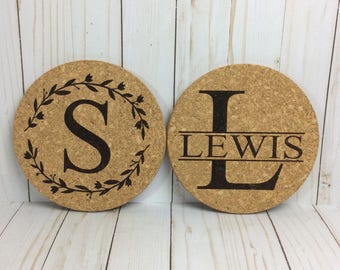 2 Monogrammed cork trivets, laser engraved trivet, personalized hot pad, custom kitchen gift