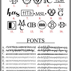 May include: A chart with 16 different monogram designs and 10 different font styles for creating custom monograms. The designs include a variety of styles, such as traditional, modern, and script. The fonts include a variety of styles, such as serif, sans-serif, and script.