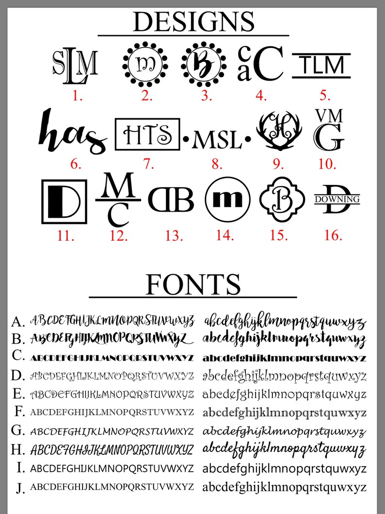 May include: A chart with 16 different monogram designs and 10 different font styles for creating custom monograms. The designs include a variety of styles, such as traditional, modern, and script. The fonts include a variety of styles, such as serif, sans-serif, and script.