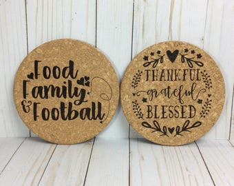 Set of 2 laser engraved cork trivets, kitchen trivet, hot pad