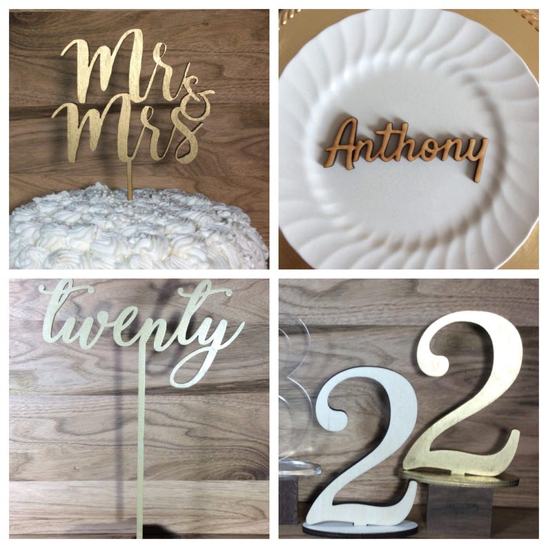 May include: A set of four wooden wedding decorations. The first decoration is a gold "Mr. & Mrs." topper for a wedding cake. The second decoration is a gold "twenty" table number. The third decoration is a wooden name card with the name "Anthony" written on it. The fourth decoration is a gold number "22" table number.