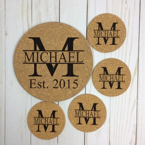 Cork trivet with coasters, personalized cork trivet, set of 4 coasters