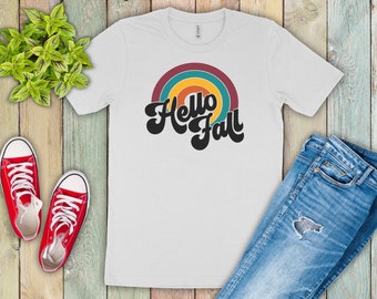 Hello fall shirt, retro fall shirt for ladies, hello fall rainbow shirt