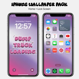 May include: A mockup of an iPhone screen showing a purple and pink gradient background with the text "DUMP TRUCK LOADING" in pink 3D letters. The home screen shows a variety of app icons, including Mail, Messages, Photos, Clock, Calendar, Camera, YouTube, Notes, App Store, Apple Watch, Zero, Pinterest, and Instagram. The time is 13:04 and the weather in Leeds is 16 degrees Celsius with a moderate thunderstorm warning.