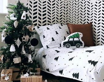 Mono Christmas Duvet Cover + Pillow set, Monochrome Duvet set, xmas decor, Children's Room Decor, single duvet, single bedding, double duvet