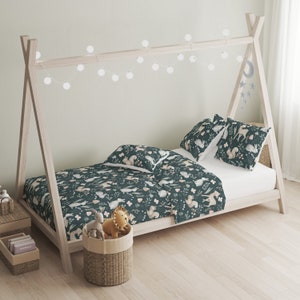 Dark Sketched Woodland Deers and Rabbit Bedding, Duvet Covers, Fitted Sheets, Children&#39;s Room Decor, Woodland Bedding, Kids and Baby Bedding