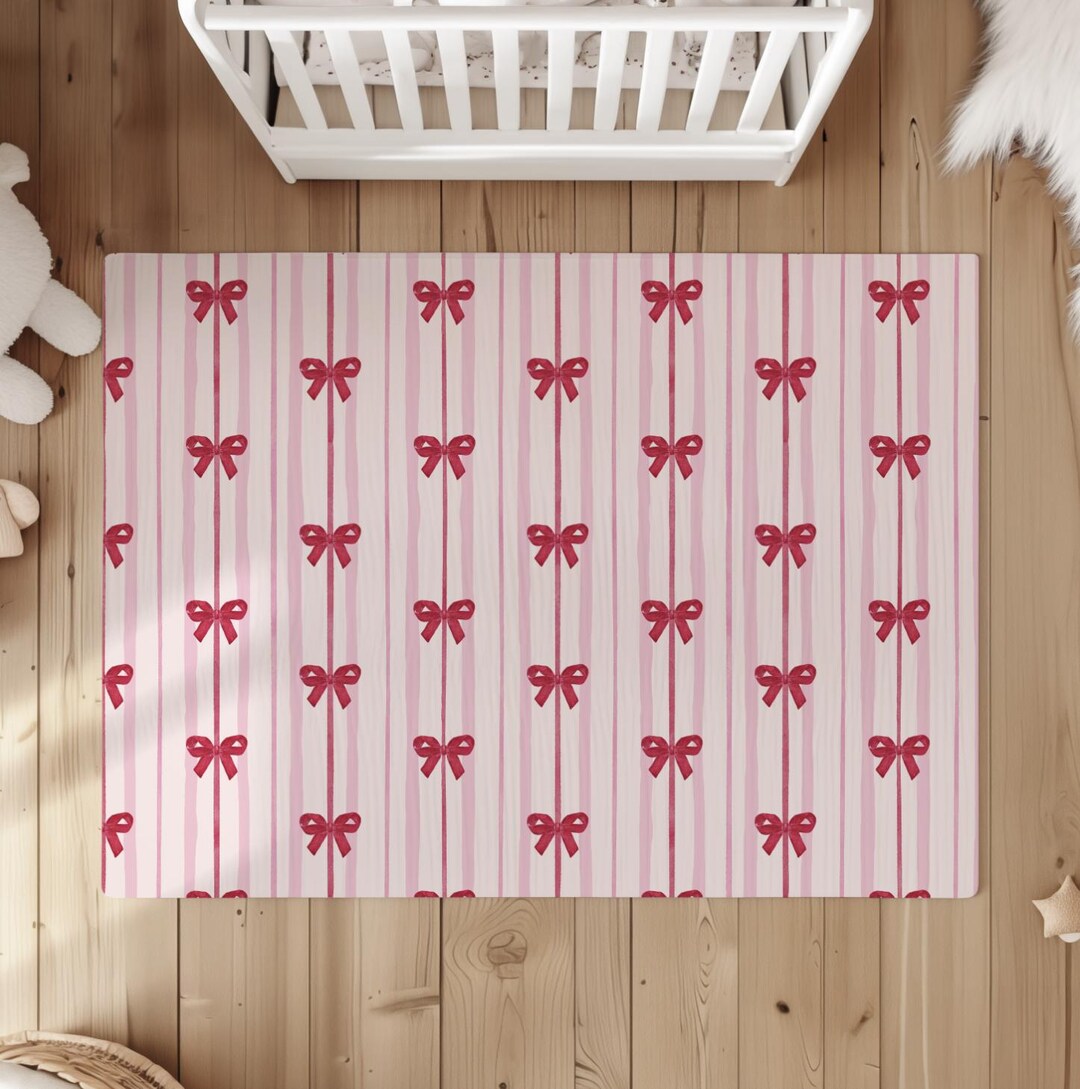 Pink Stripes With Red Bows, Round Rug, Carpet, Kids Decor, Children's ...