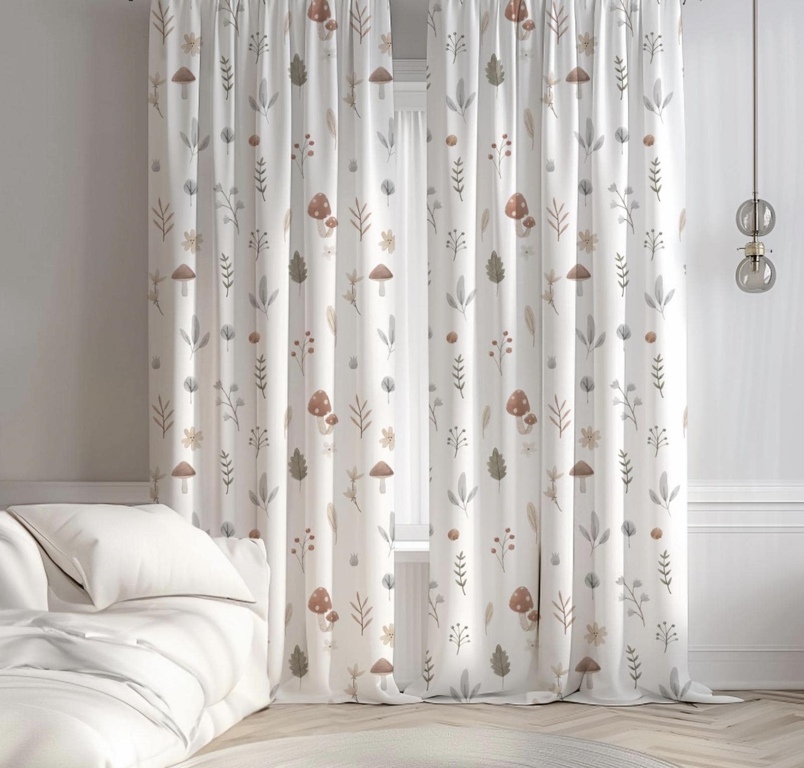 Woodland Mushroom and Flower Curtains, Nursery Curtains Blackout or Non Blackout, Curtains with Eyelets, Pencil Pleat or Rod Pocket