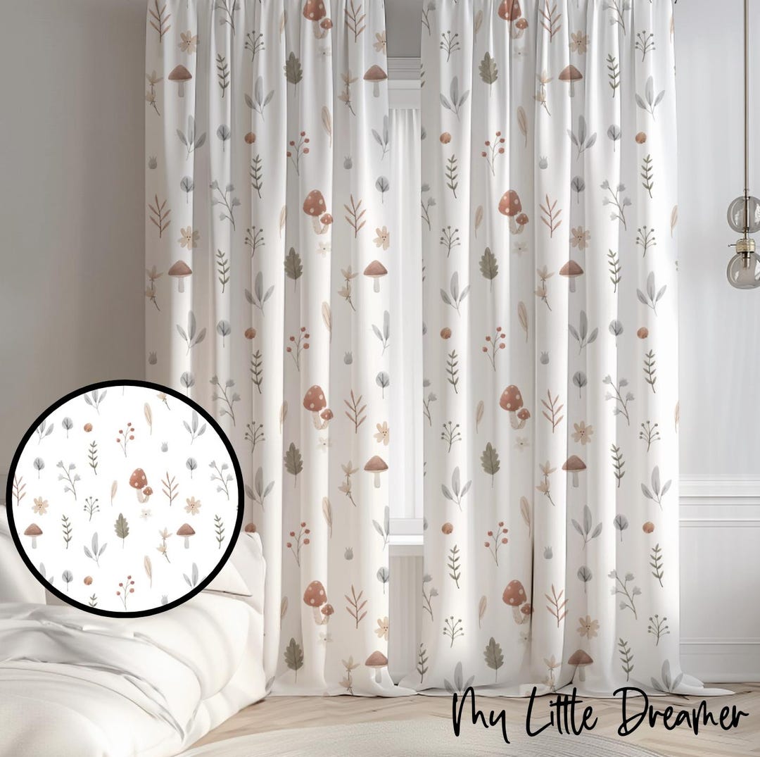 Watercolour Woodland Floral Mushrooms Nursery Curtains Curtains With