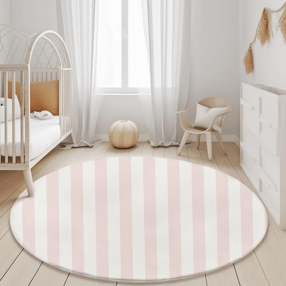 Pink Stripe Rug, Round Carpet, Kids Decor, Children's Room Decor