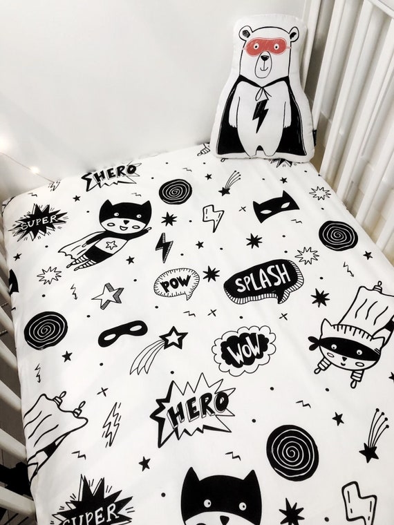 Monochrome Comic Bedding Baby Fitted Sheet Comic Bedding Children s Room Decor Cotbed Superhero Kids Bedding Superhero Single Duvet Etsy UK