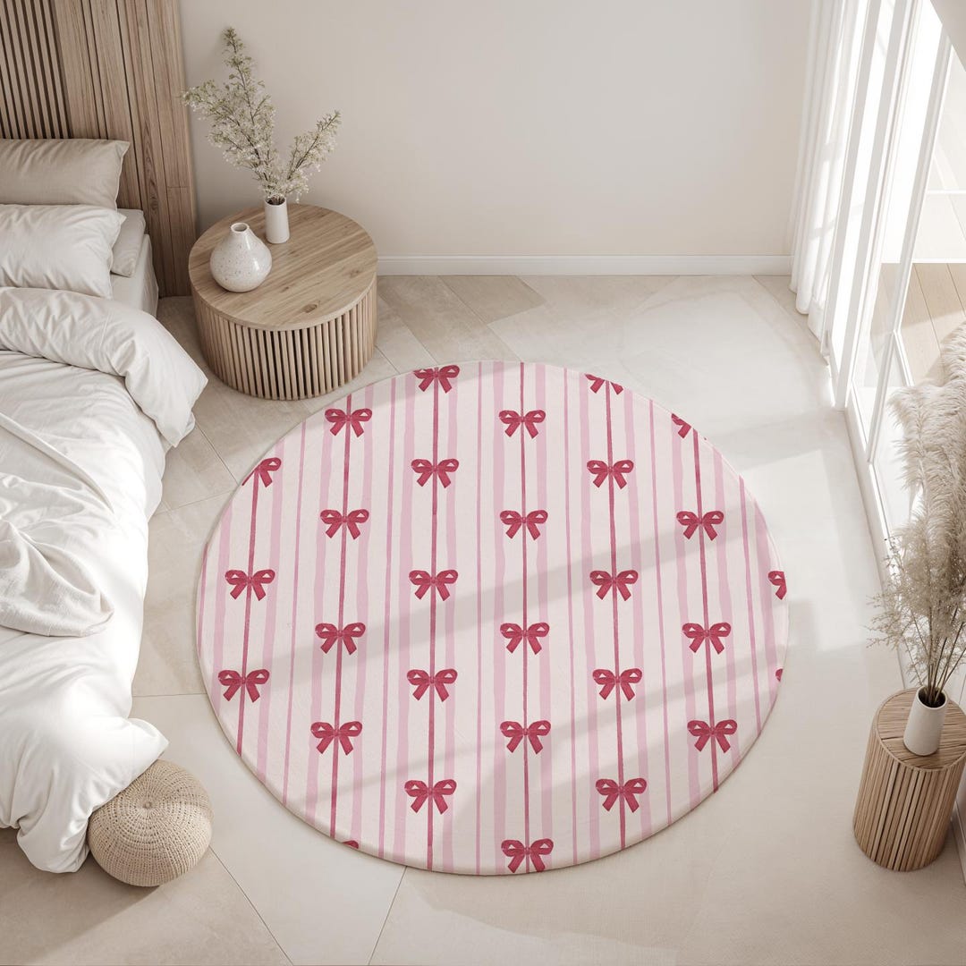 Pink Stripes With Red Bows, Round Rug, Carpet, Kids Decor, Children's ...