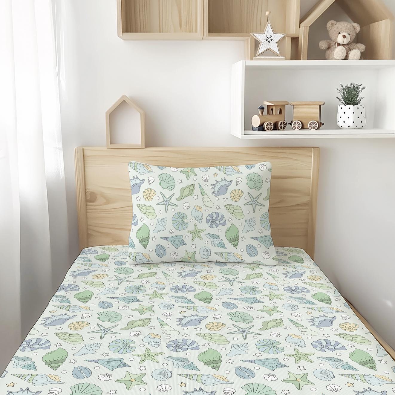Green, Blue and Yellow Seashell Bedding, Ocean Bedding, Seashell Bedding, Children's Room Decor, Duvet Covers, Fitted Sheets, Seashells