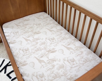 Chinoiserie Toile de Jouy Safari - BEIGE, Bedding, Duvet Covers, Fitted Sheets, Safari theme with Hot Air Balloon, Kids Bedding