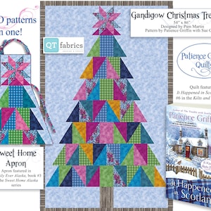 May include: A blue and white patchwork quilt with a Christmas tree design. The quilt is 54 inches by 86 inches and is titled "Gandigow Christmas Tree Quilt". The quilt is featured in the book "It Happened in Scotland" by Patience Griffin.