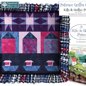 May include: A 18-inch square pillow with a patchwork design featuring a blue, pink, and white color scheme. The pillow is made from fabric with a plaid pattern and has a ruffled edge. The pillow is titled "Kilts & Quilts Pillow" and is designed by Patience Griffin. The image also includes a book titled "Kilt in Scotland" by Patience Griffin.