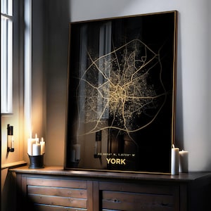 Impresión del mapa de la ciudad de York, dorado, arte mural, mapa minimalista de luces de la ciudad, decoración de pared, póster del mapa de la ciudad del Reino Unido, decoración urbana, arte de paisaje urbano, arte de viajes