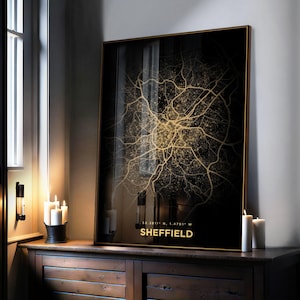 Impresión del mapa de la ciudad de Sheffield, dorado, arte mural, mapa minimalista de iluminación urbana, decoración de pared, póster del mapa de la ciudad del Reino Unido, decoración urbana, arte de paisaje urbano, arte de viajes