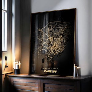 Impresión del mapa de la ciudad de Cardiff, dorado, arte mural, mapa minimalista de iluminación urbana, decoración de pared, póster del mapa de la ciudad del Reino Unido, decoración urbana, arte de paisaje urbano, arte de viajes