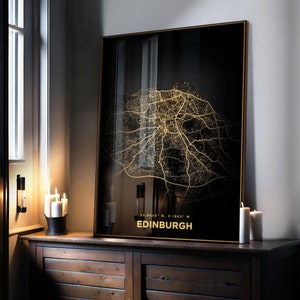 Impresión del mapa de la ciudad de Edimburgo, mapa dorado, arte mural, mapa de iluminación de la ciudad minimalista, póster del mapa de la ciudad del Reino Unido, decoración urbana, arte del paisaje urbano, arte de viajes,