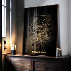 Impresión del mapa de la ciudad de Newcastle, dorado, arte mural, mapa minimalista de la ciudad, decoración de pared, póster del mapa de la ciudad del Reino Unido, decoración urbana, arte de paisaje urbano, arte de viajes