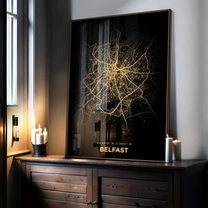 Impresión del mapa de la ciudad de Belfast, mapa dorado, arte mural, mapa minimalista de iluminación urbana, decoración de pared, póster de ciudad del Reino Unido, decoración urbana, arte de paisaje urbano, arte de viajes
